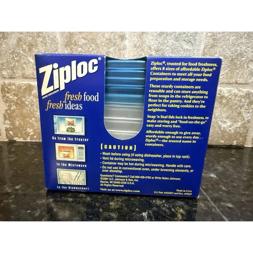 Vintage 2001 Ziploc Snap'n Seal Small Square 2 1/2‎ Cups 5 Containers Microwave